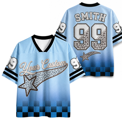 Blue sports jersey with 'Smith 99' and 'Your Custom' text on a white background