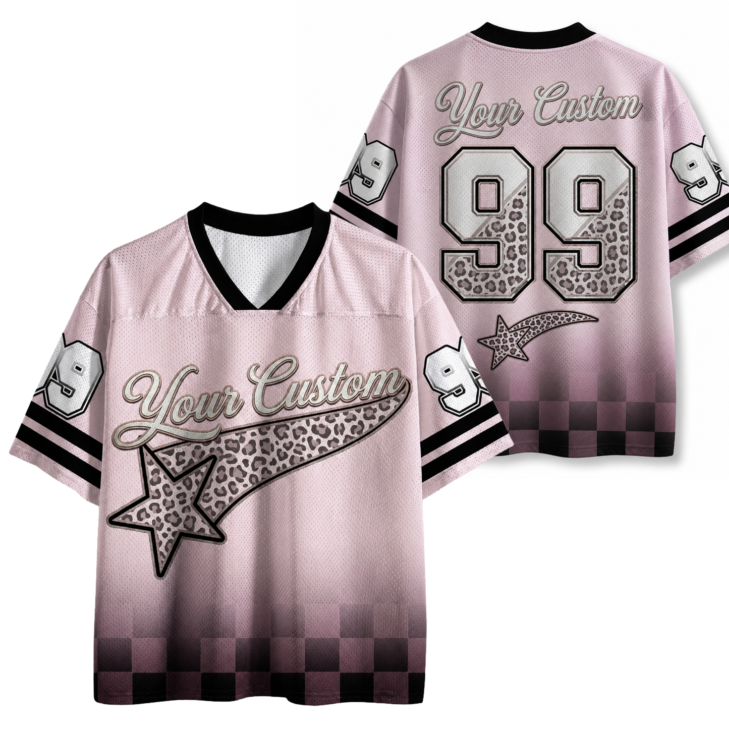 Custom name pink ombre sports jersey front and back view featuring leopard print stars, number 99, and a black checkerboard hem pattern on breathable mesh fabric.