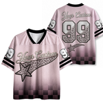 Custom name pink ombre sports jersey front and back view featuring leopard print stars, number 99, and a black checkerboard hem pattern on breathable mesh fabric.