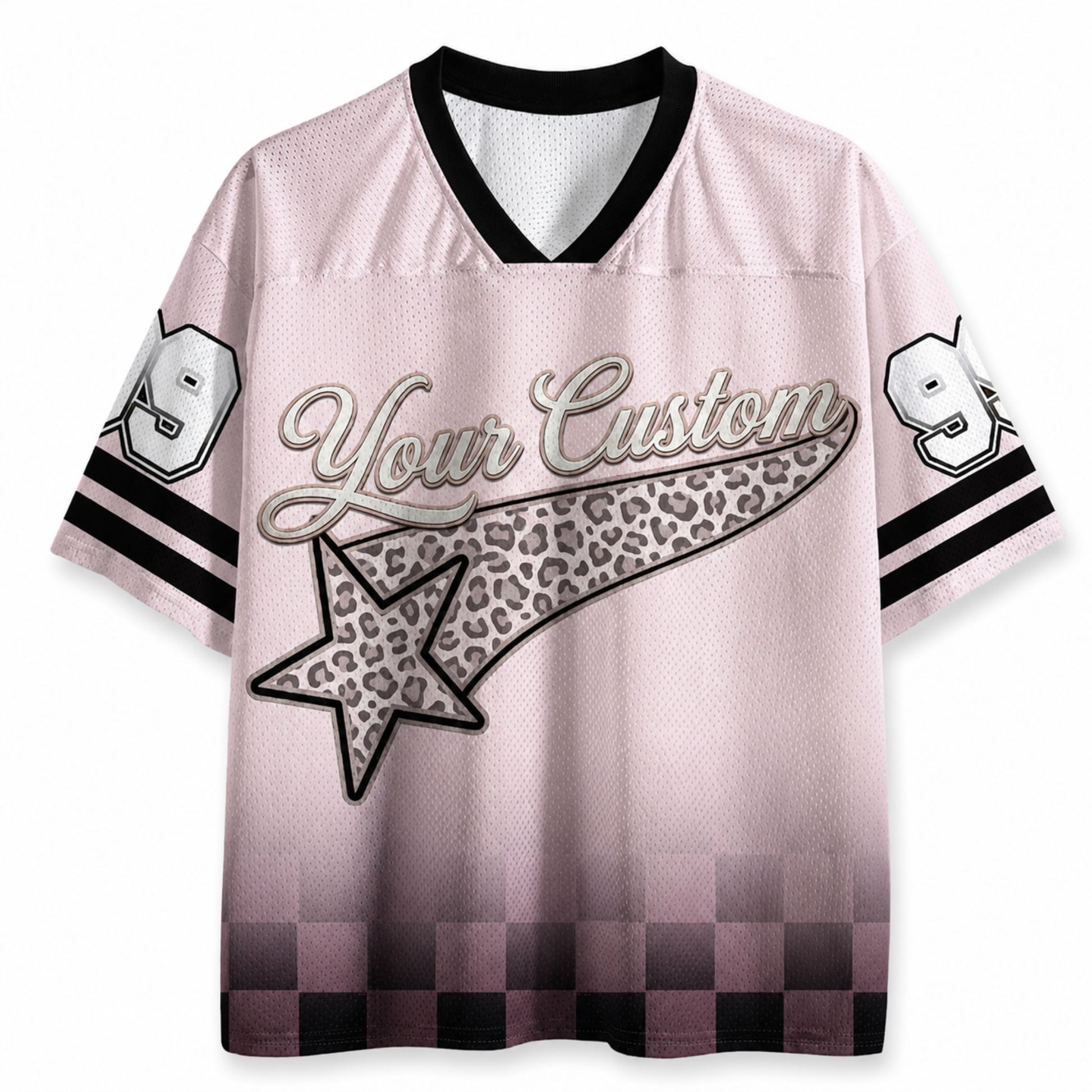 Pink sports jersey with leopard print star and customizable text on a white background