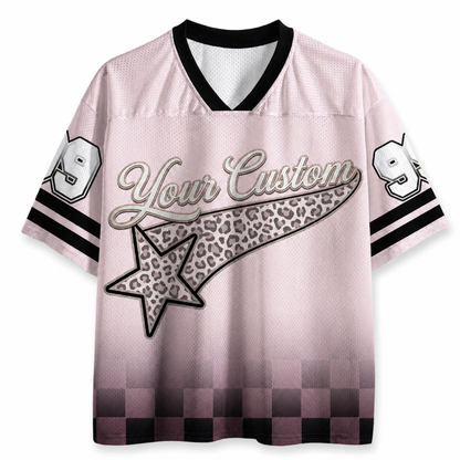 Pink sports jersey with leopard print star and customizable text on a white background