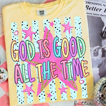 ChaoticClub Striped Preppy God is Good Stars Neon T-Shirt