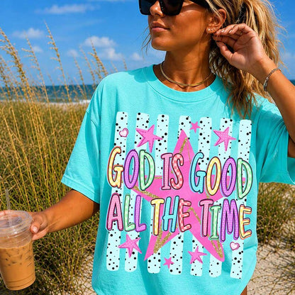 ChaoticClub Striped Preppy God is Good Stars Neon T-Shirt