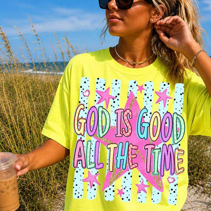 ChaoticClub Striped Preppy God is Good Stars Neon T-Shirt