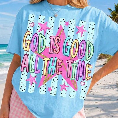 ChaoticClub Striped Preppy God is Good Stars Neon T-Shirt
