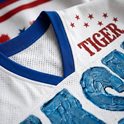 haoticClub Bumblegum tiger jersey close up showing high resolution tiger face print with bubblegum style color texture and fabric detail