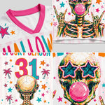 Multi-angle compilation of ChaoticClub bubblegum skull jersey highlighting the premium pink collar, high quality sublimation print, and back graphics.