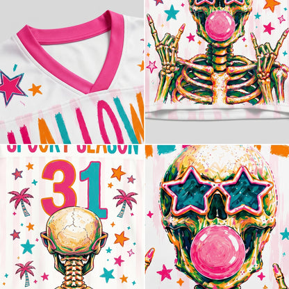 Multi-angle compilation of ChaoticClub bubblegum skull jersey highlighting the premium pink collar, high quality sublimation print, and back graphics.