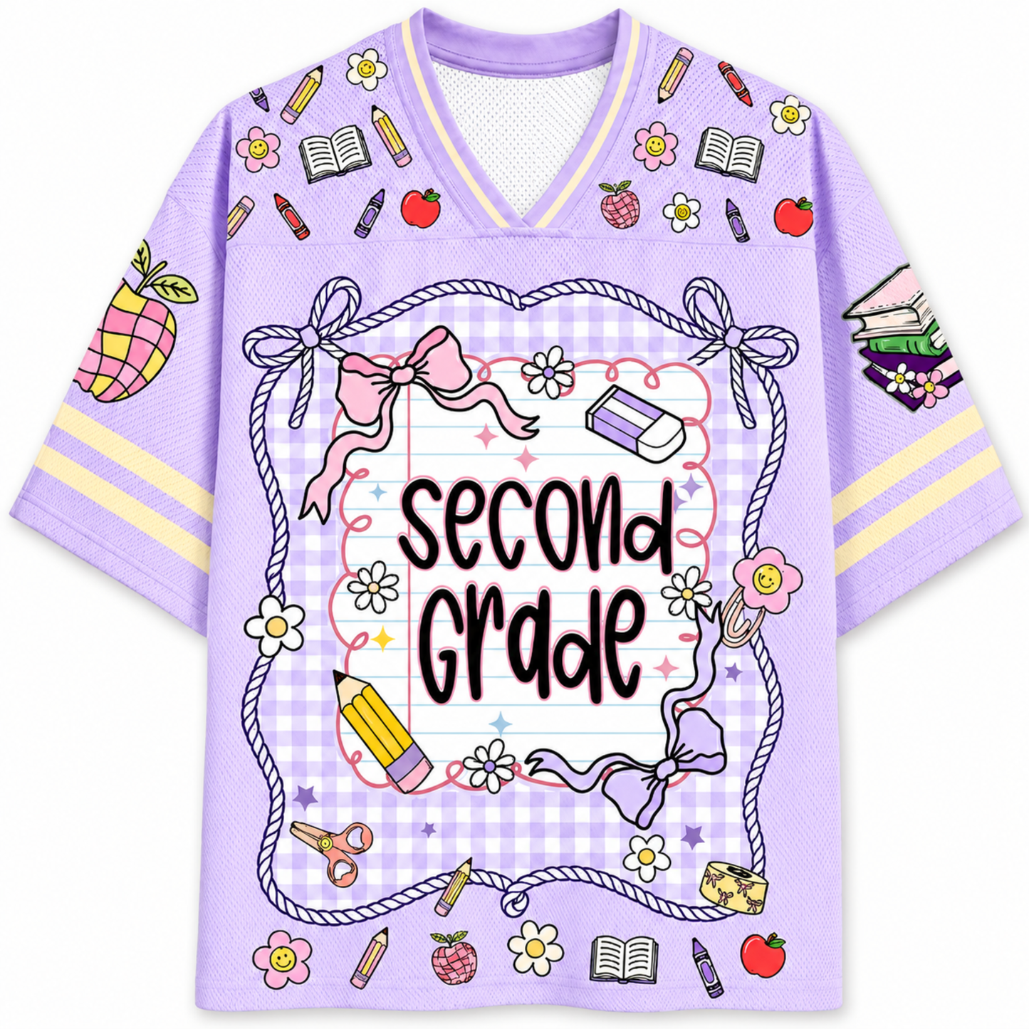 Purple shirt with 'Second Grade' text and educational graphics on a white background