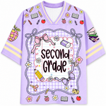 Purple shirt with 'Second Grade' text and educational graphics on a white background