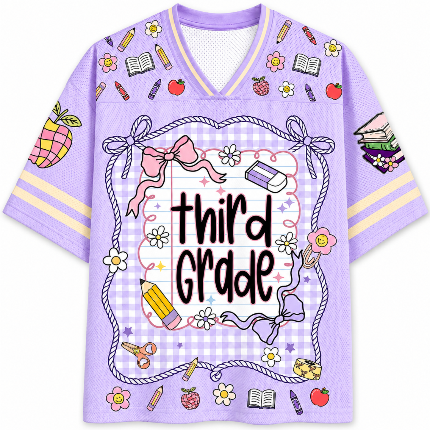 Purple shirt with 'third grade' text and educational graphics on a white background