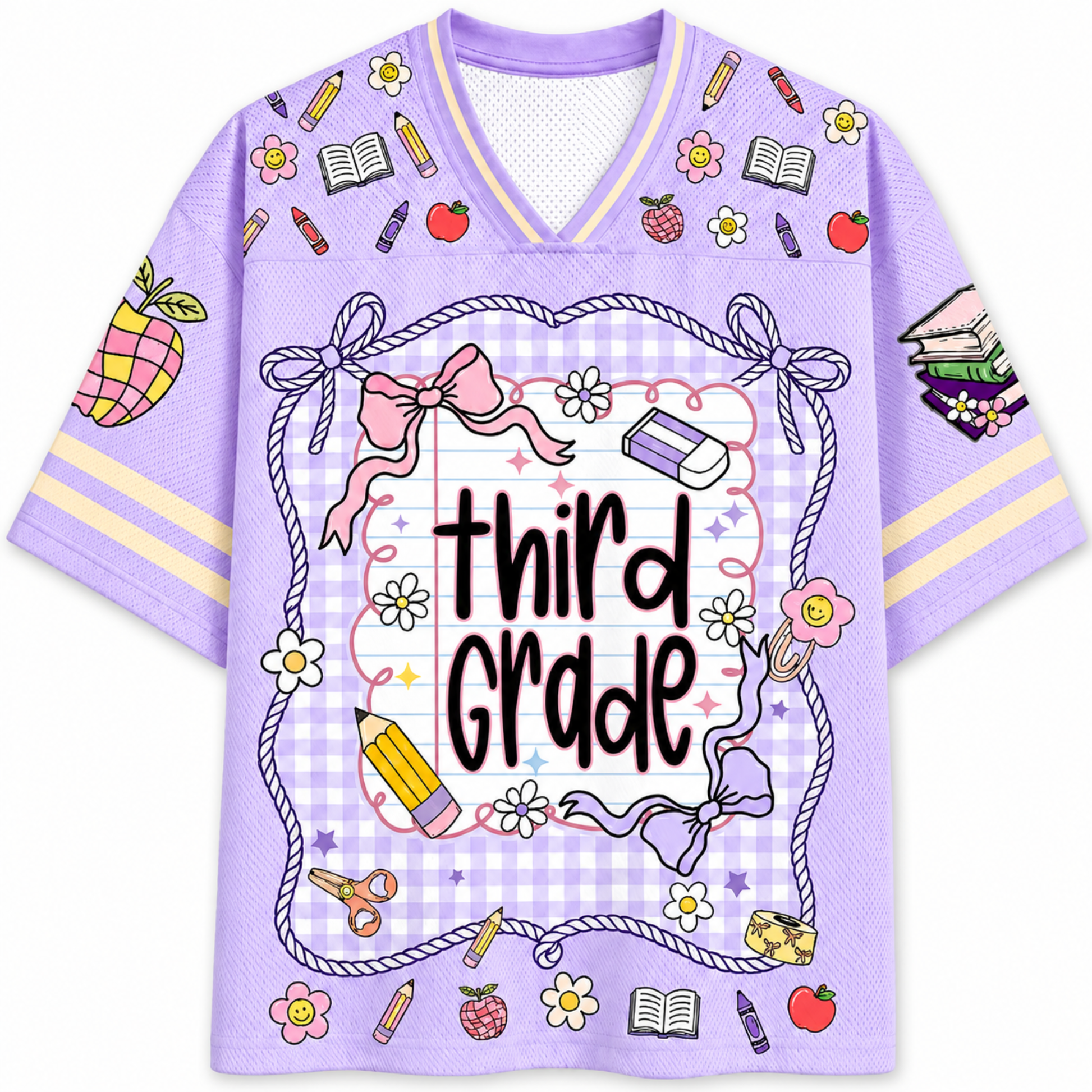 Purple shirt with 'third grade' text and educational graphics on a white background