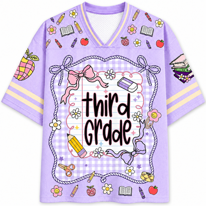 Purple shirt with 'third grade' text and educational graphics on a white background