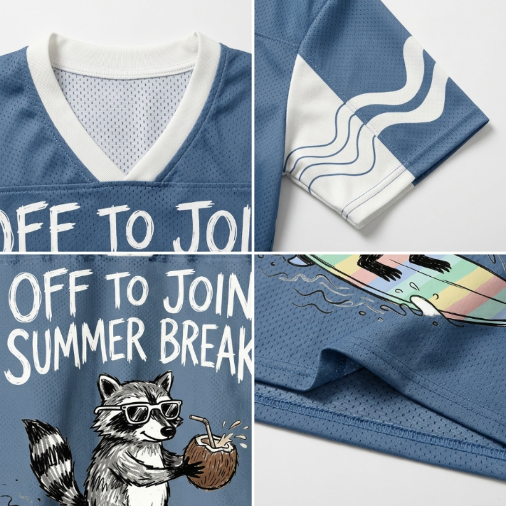 "Off To Join Summer Break" Graphic Mesh Jersey with Surfing Raccoon Print