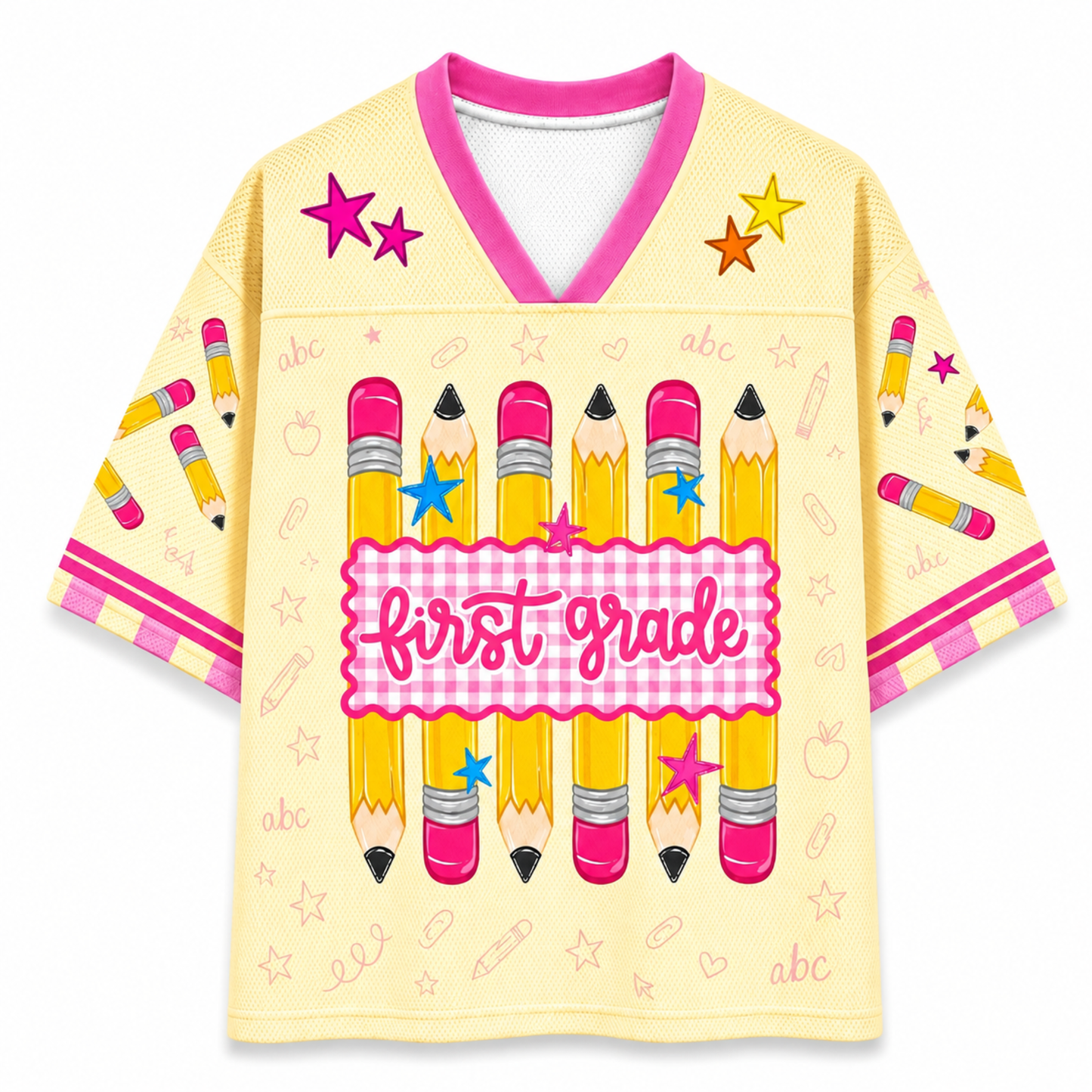 ChaoticClub preppy teacher jersey first grade version with colorful pencils, stars, and playful school-themed graphics on gingham stripe background