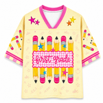 ChaoticClub preppy teacher jersey first grade version with colorful pencils, stars, and playful school-themed graphics on gingham stripe background