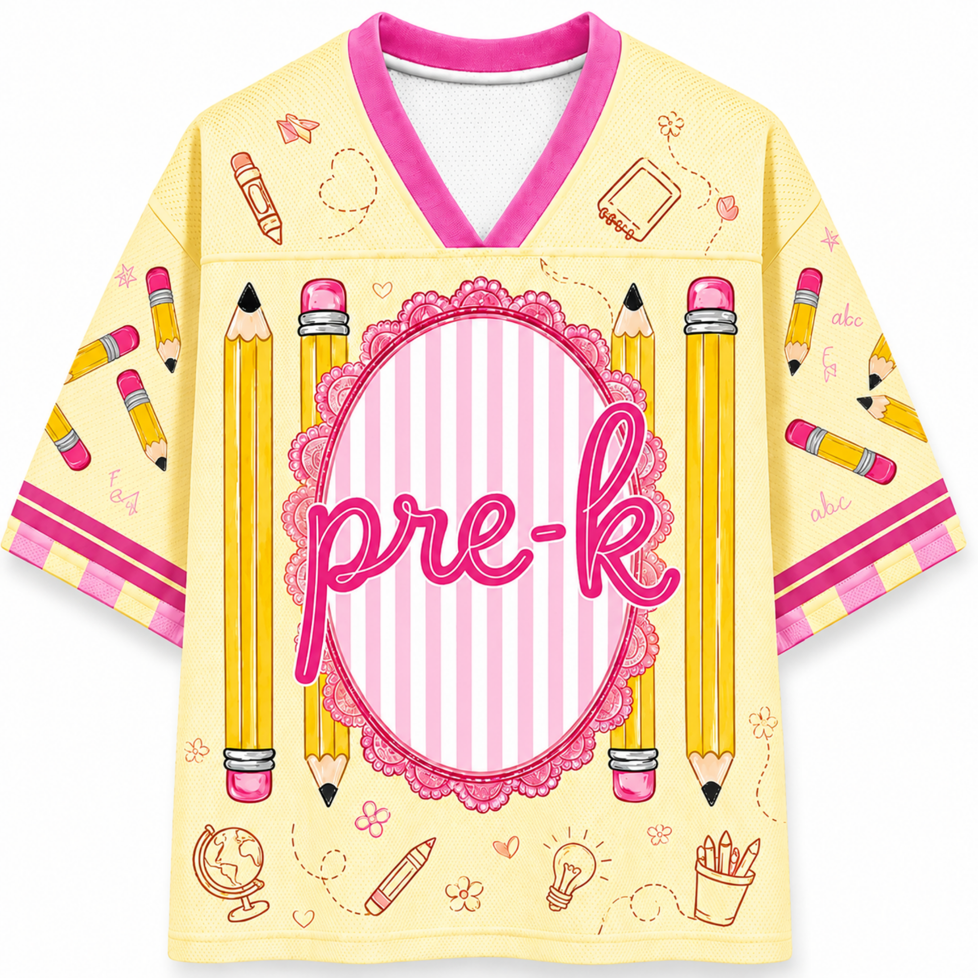 Yellow shirt with pink accents and 'pre-k' text, featuring pencils and educational symbols on a white background.
