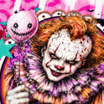 A stylized horror illustration of a clown-like character with orange hair, a blood-splattered white face, and a purple ruffled collar, holding a pink balloon with a stitched grin against a pink graphic background.