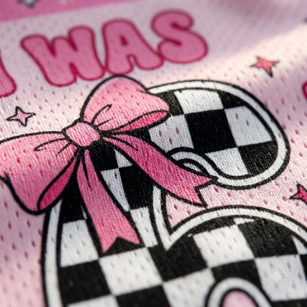 Close-up of a pink mesh fabric featuring a black-and-white checkered graphic with a large pink bow and partial pink lettering.