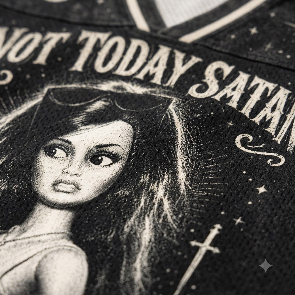 Close-up of a black graphic print featuring a stylized doll face with the text 'NOT TODAY SATAN' and celestial details.