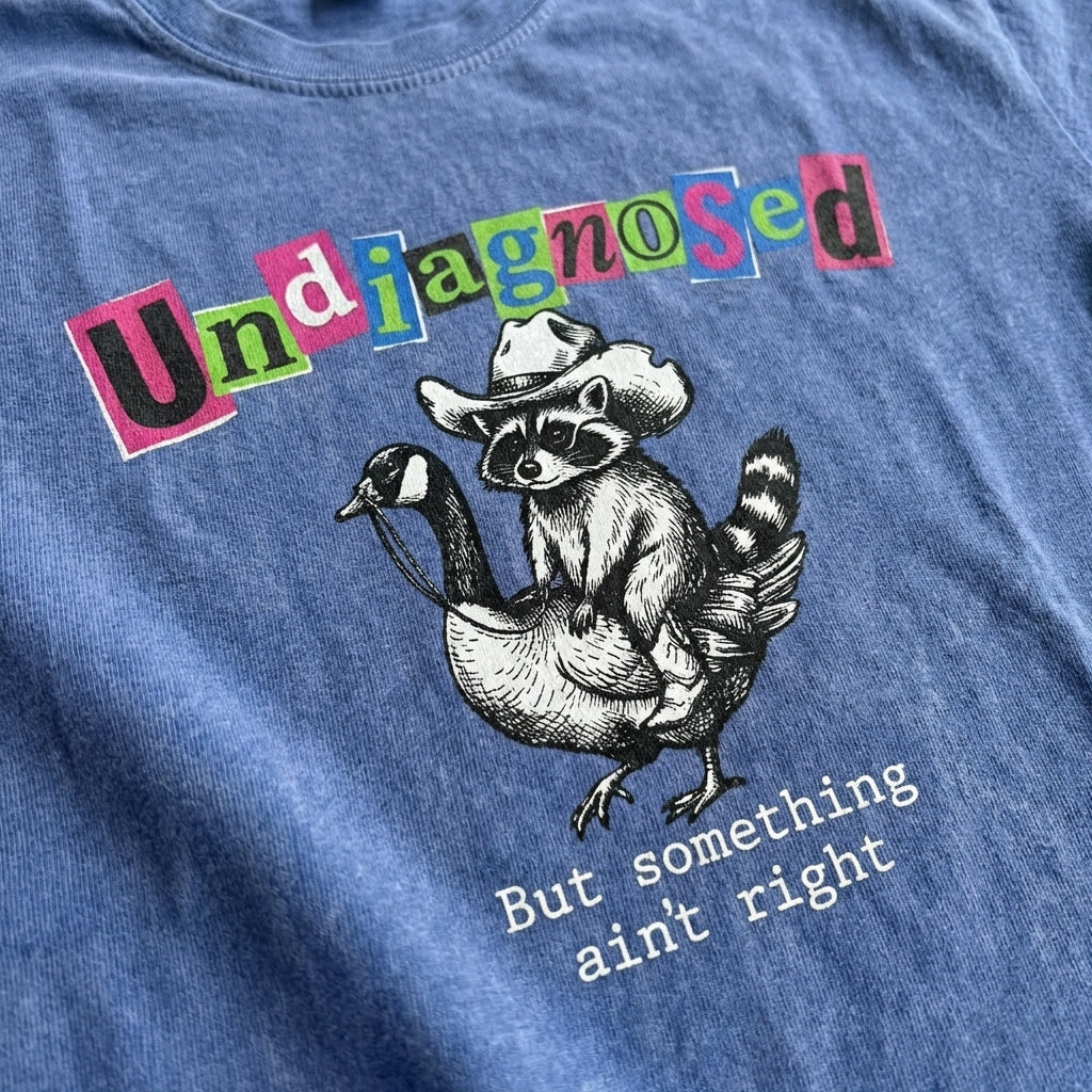 ChaoticClub Undiagnosed Raccoon Washed T-Shirt, vintage oversized graphic tee featuring a cowboy raccoon riding a goose with funny sarcastic text on premium charcoal washed cotton fabric