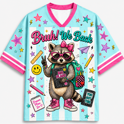 T-shirt with a raccoon character and 'Bruh! We Back' text on a colorful background