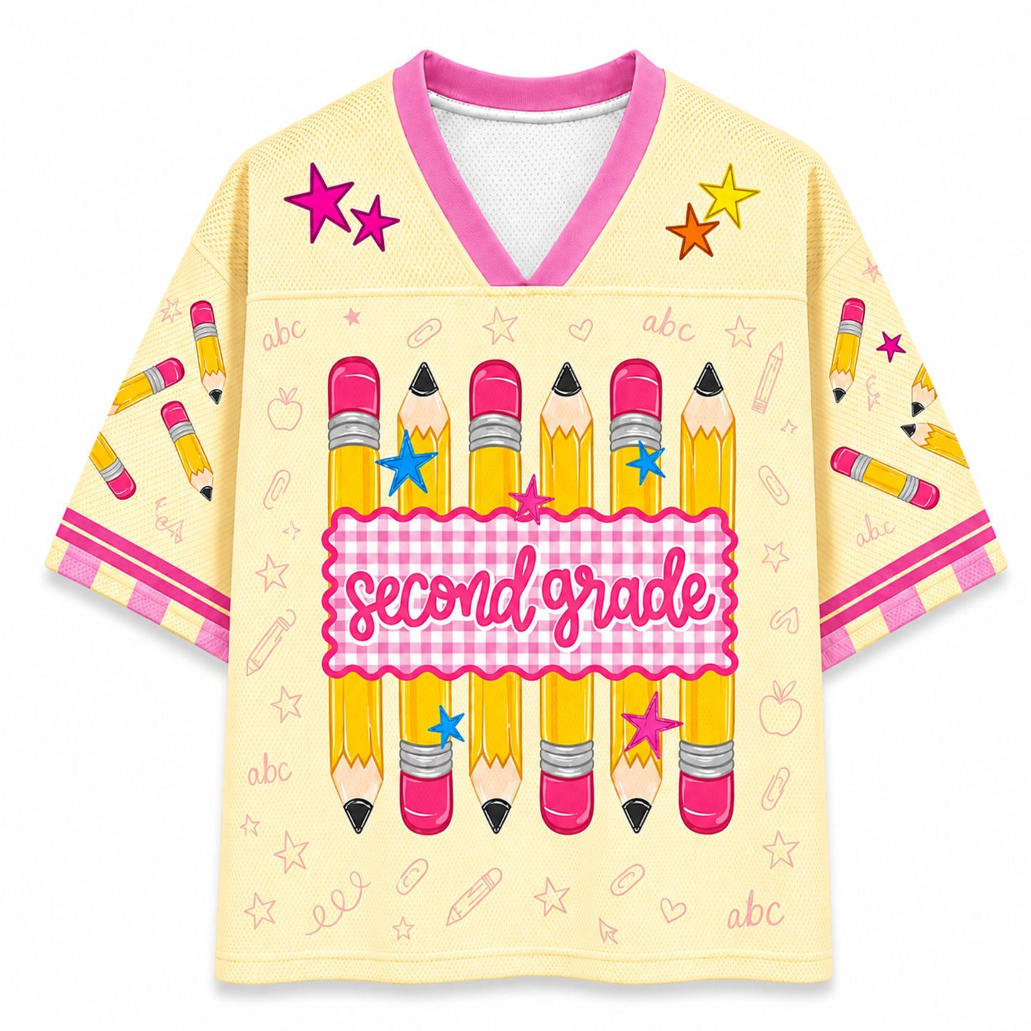 ChaoticClub mesh jersey second grade variant featuring pastel striped background with pencil school illustrations and customizable grade text