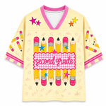 ChaoticClub mesh jersey second grade variant featuring pastel striped background with pencil school illustrations and customizable grade text