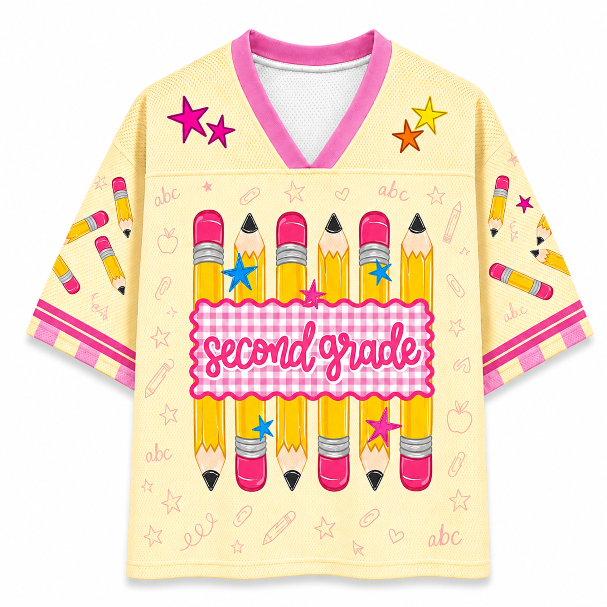 ChaoticClub mesh jersey second grade variant featuring pastel striped background with pencil school illustrations and customizable grade text