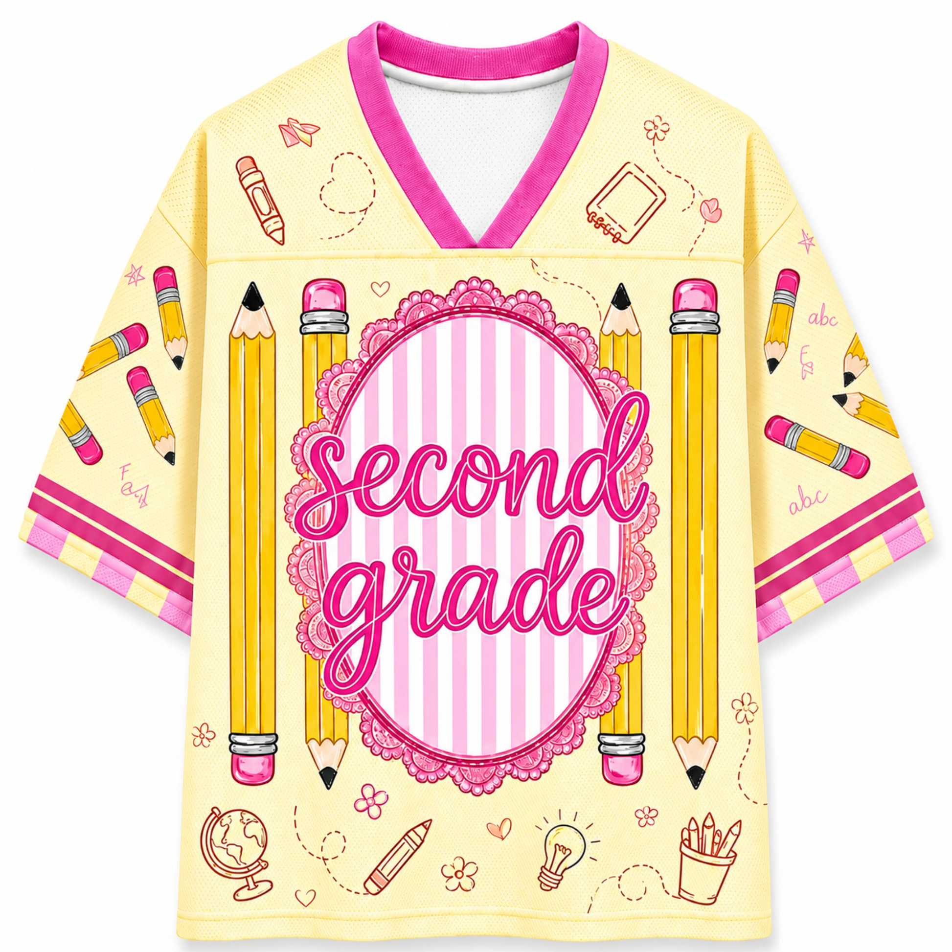 Yellow jersey with 'second grade' text and pencil design on a white background