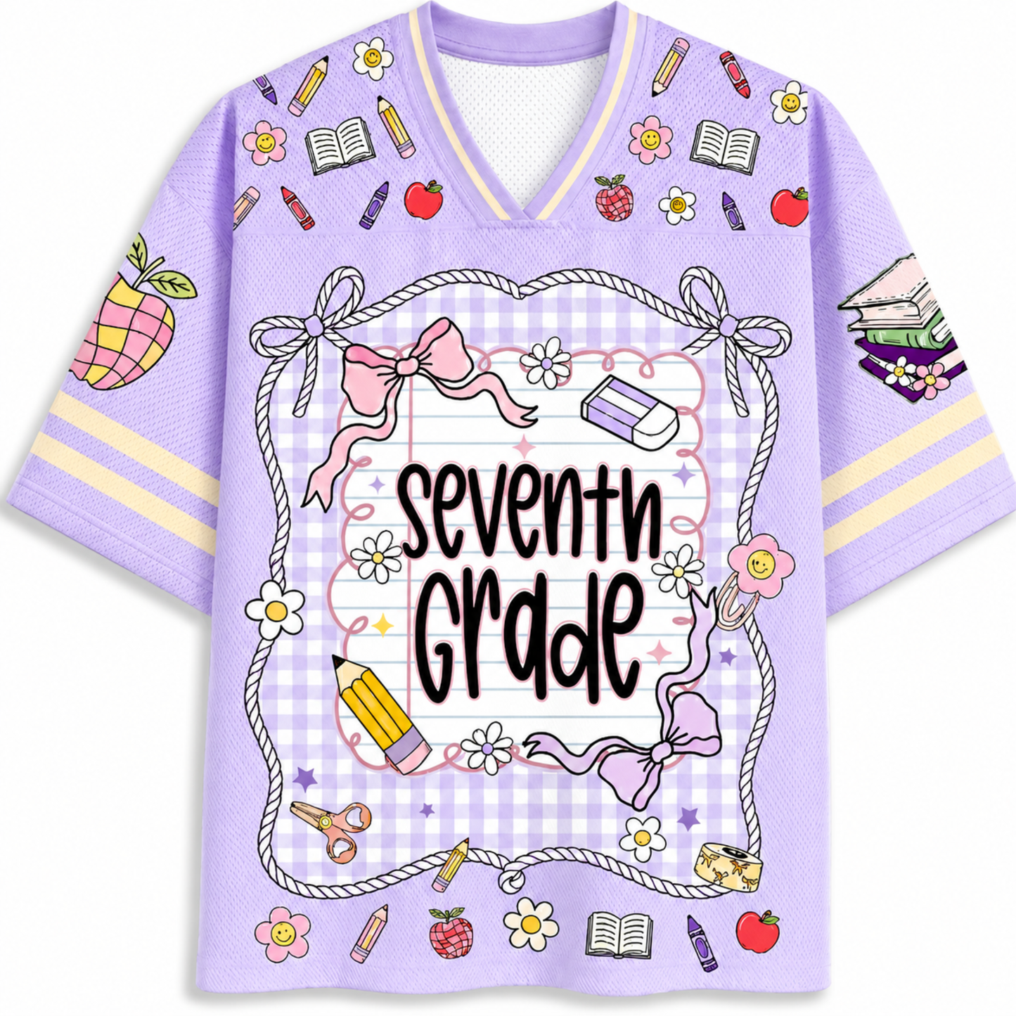 Purple shirt with 'Seventh Grade' text and educational graphics on a white background