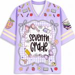 Purple shirt with 'Seventh Grade' text and educational graphics on a white background