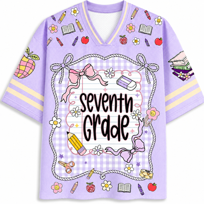 Purple shirt with 'Seventh Grade' text and educational graphics on a white background