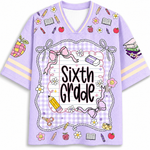 Purple shirt with 'Sixth Grade' text and educational-themed graphics on a white background