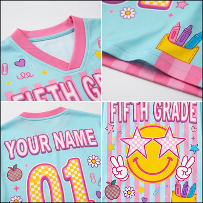 ChaoticClub mesh jersey close up showing breathable Bird’s Eye Pique fabric with pastel checkered stripes, high-quality print of smiley face, and stars