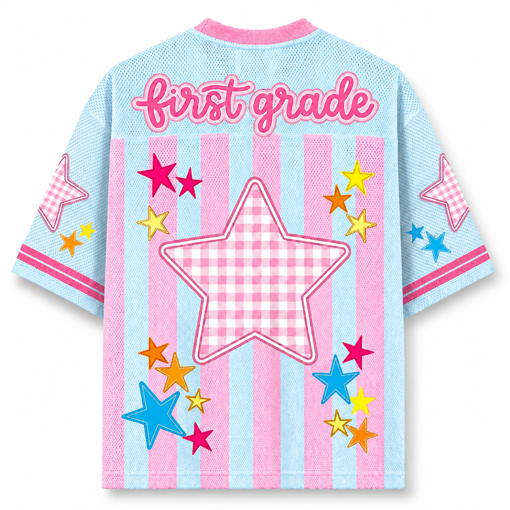 Children's shirt with 'first grade' text and colorful stars on a blue and pink striped background
