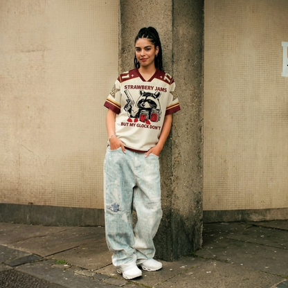 ChaoticClub Strawberry Jams Glock Funny Raccoon Mesh Jersey in Red and White