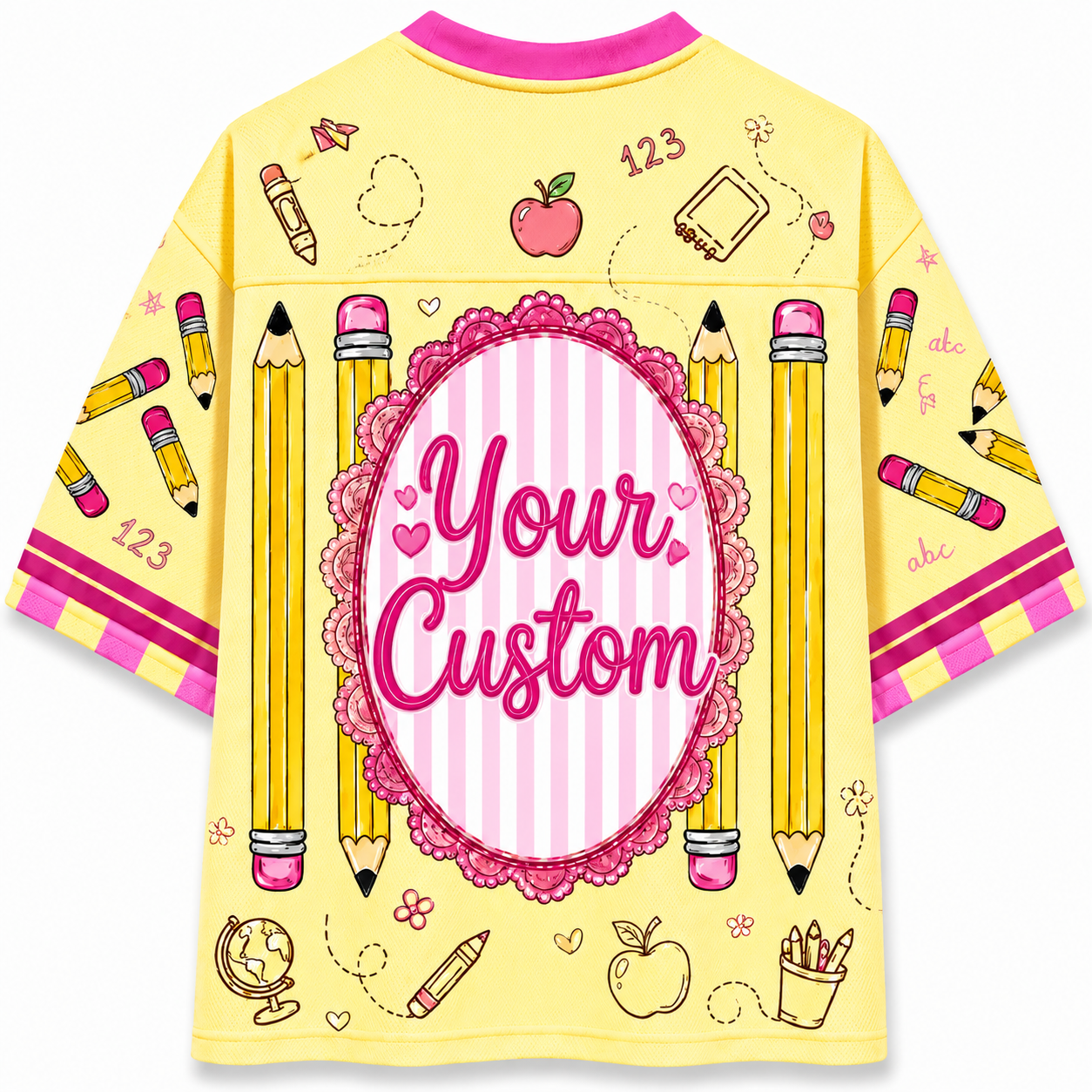 Yellow shirt with educational-themed graphics and 'Your Custom' text