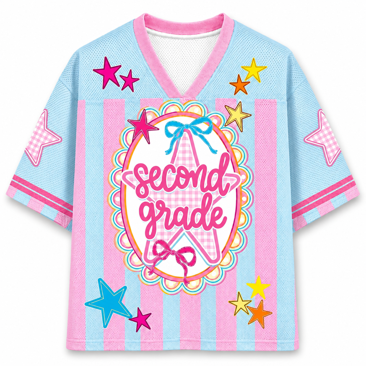 ChaoticClub mesh jersey second grade variant featuring stars, striped background, and colorful school-themed graphics