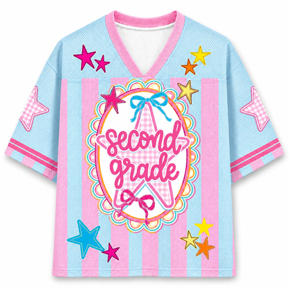 ChaoticClub mesh jersey second grade variant featuring stars, striped background, and colorful school-themed graphics