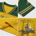 ChaoticClub Off To Cause A Kerfuffle Mesh Jersey, vintage streetwear athletic jersey featuring a raccoon, duck, and frog riding a dachshund with funny text on yellow and green breathable mesh fabric