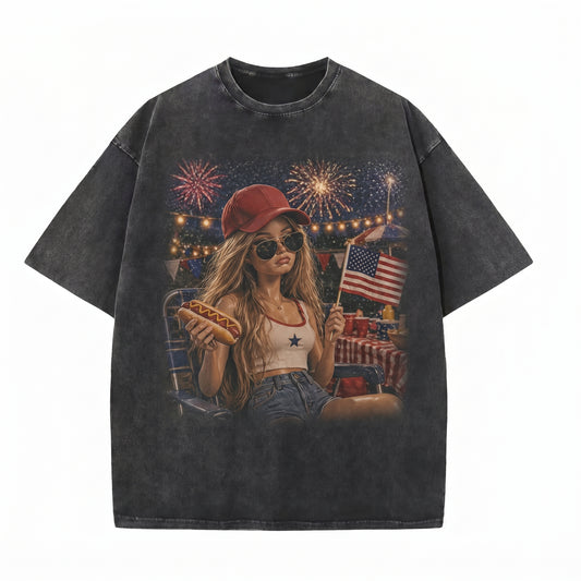 Chaoticclub Funny Doll Face 4th of July Washed T-Shirt