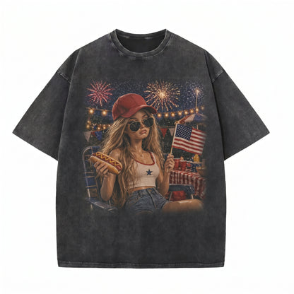 Chaoticclub Funny Doll Face 4th of July Washed T-Shirt