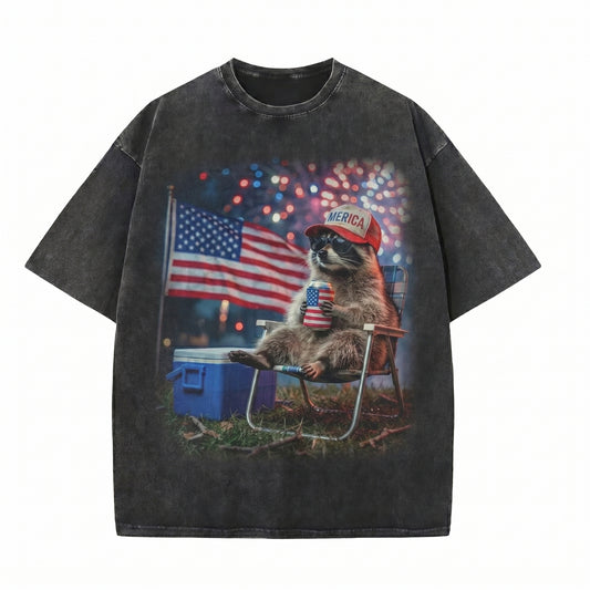 ChaoticClub Red White and Feral Raccoon Beer Washed T-Shirt