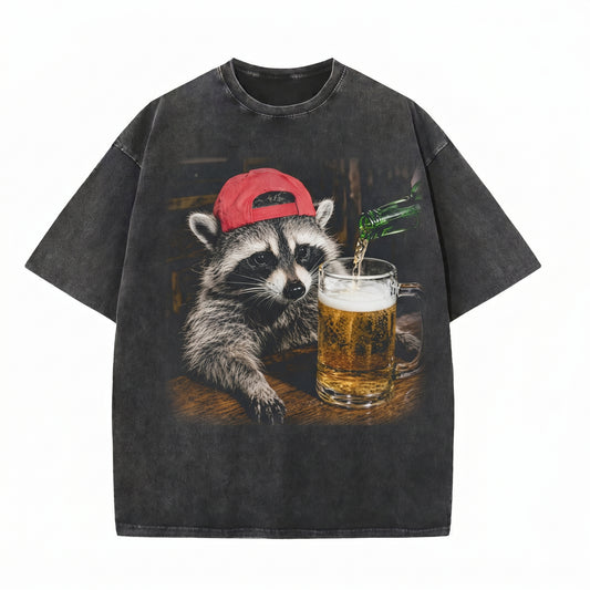 ChaoticClub Funny Raccoon Beer Washed T-Shirt
