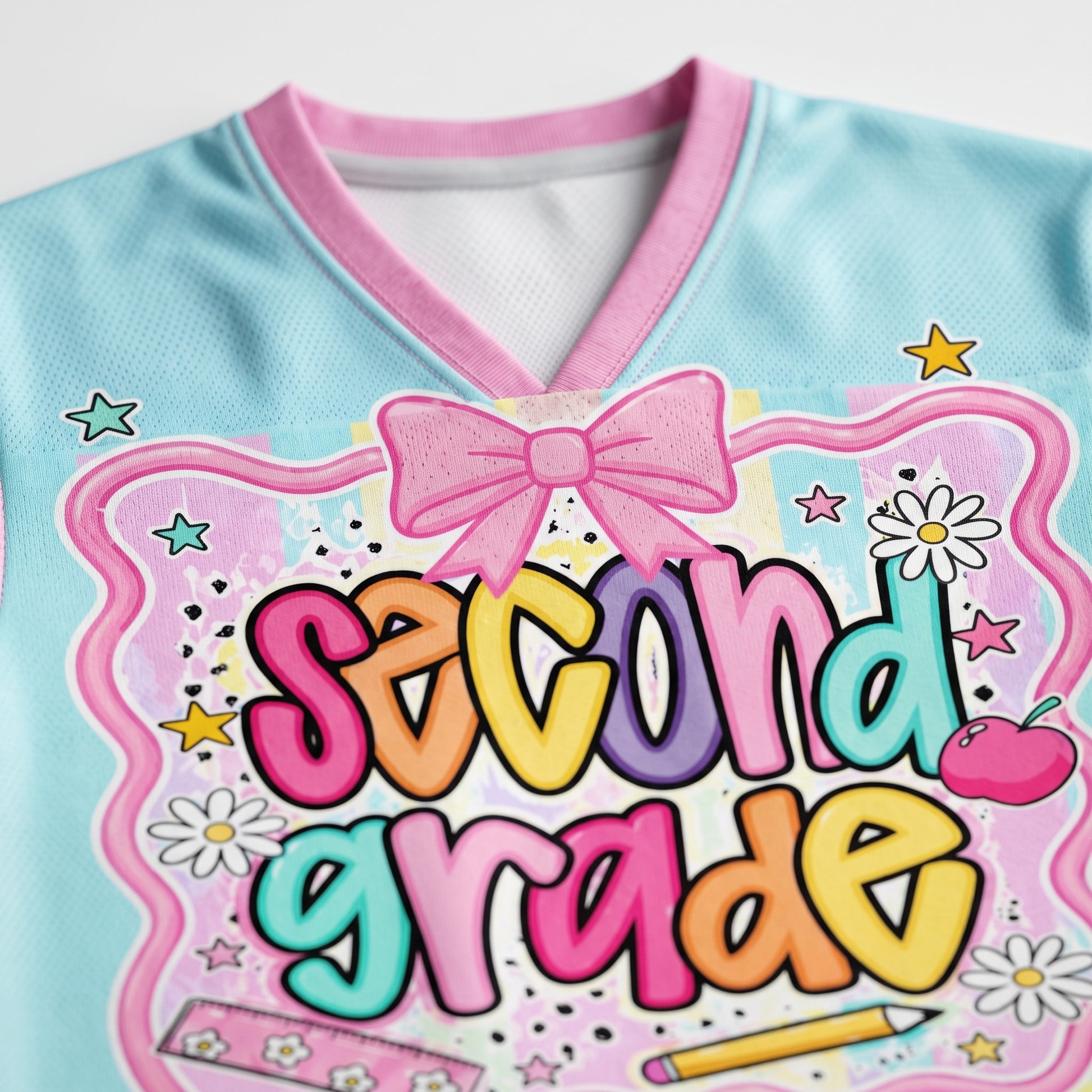 Children's shirt with 'Second Grade' text and colorful design on a light blue background