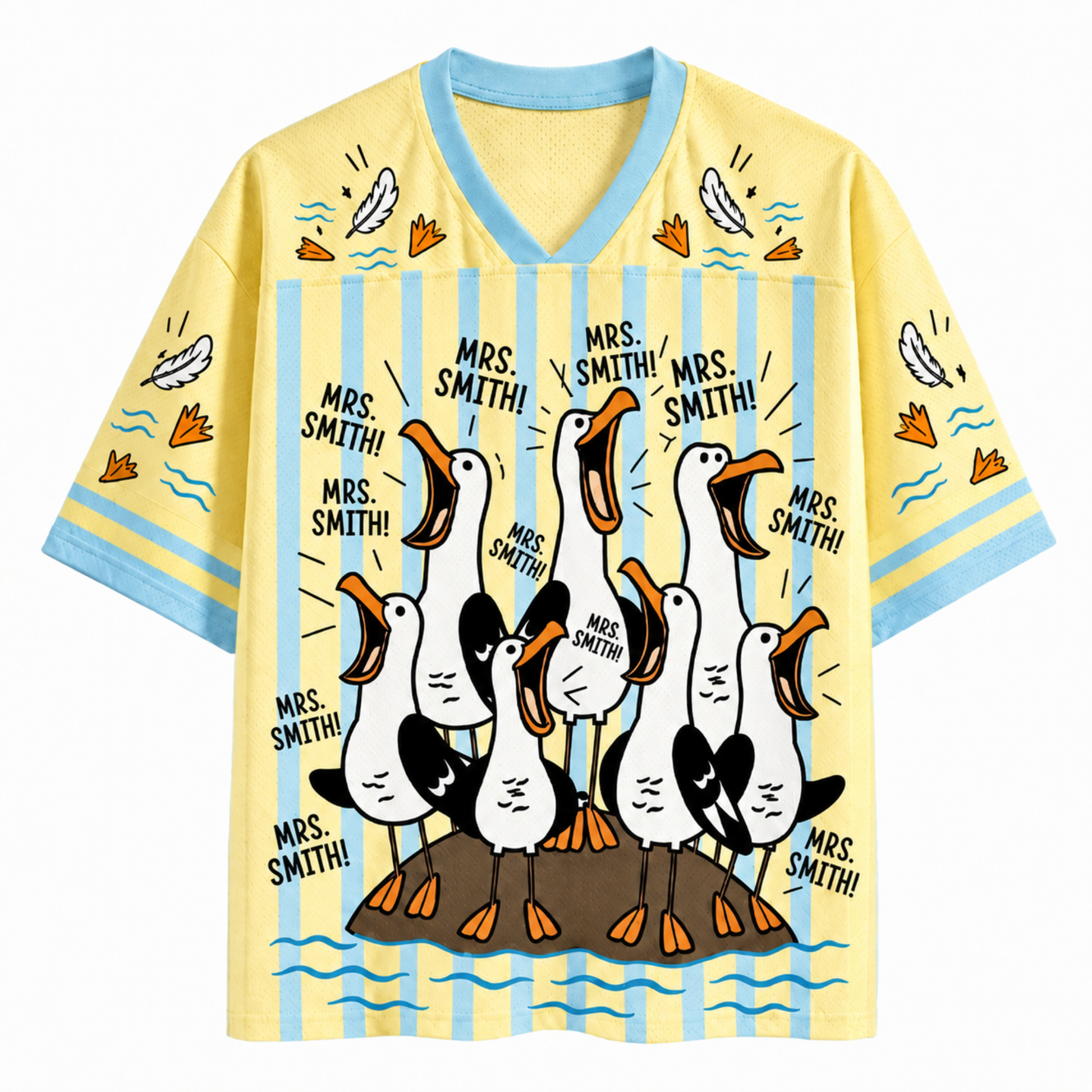 Yellow shirt with cartoon geese and text design on a white background