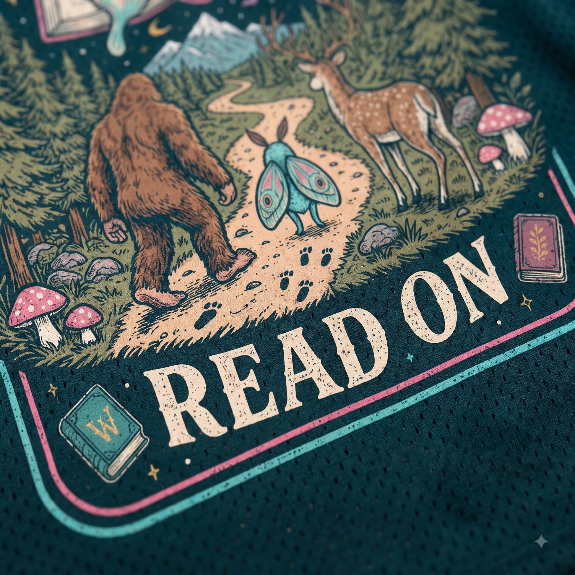 Close-up of a dark teal graphic t-shirt featuring a whimsical forest illustration with Bigfoot, a deer, a butterfly, mushrooms, books, and the text 'READ ON'.