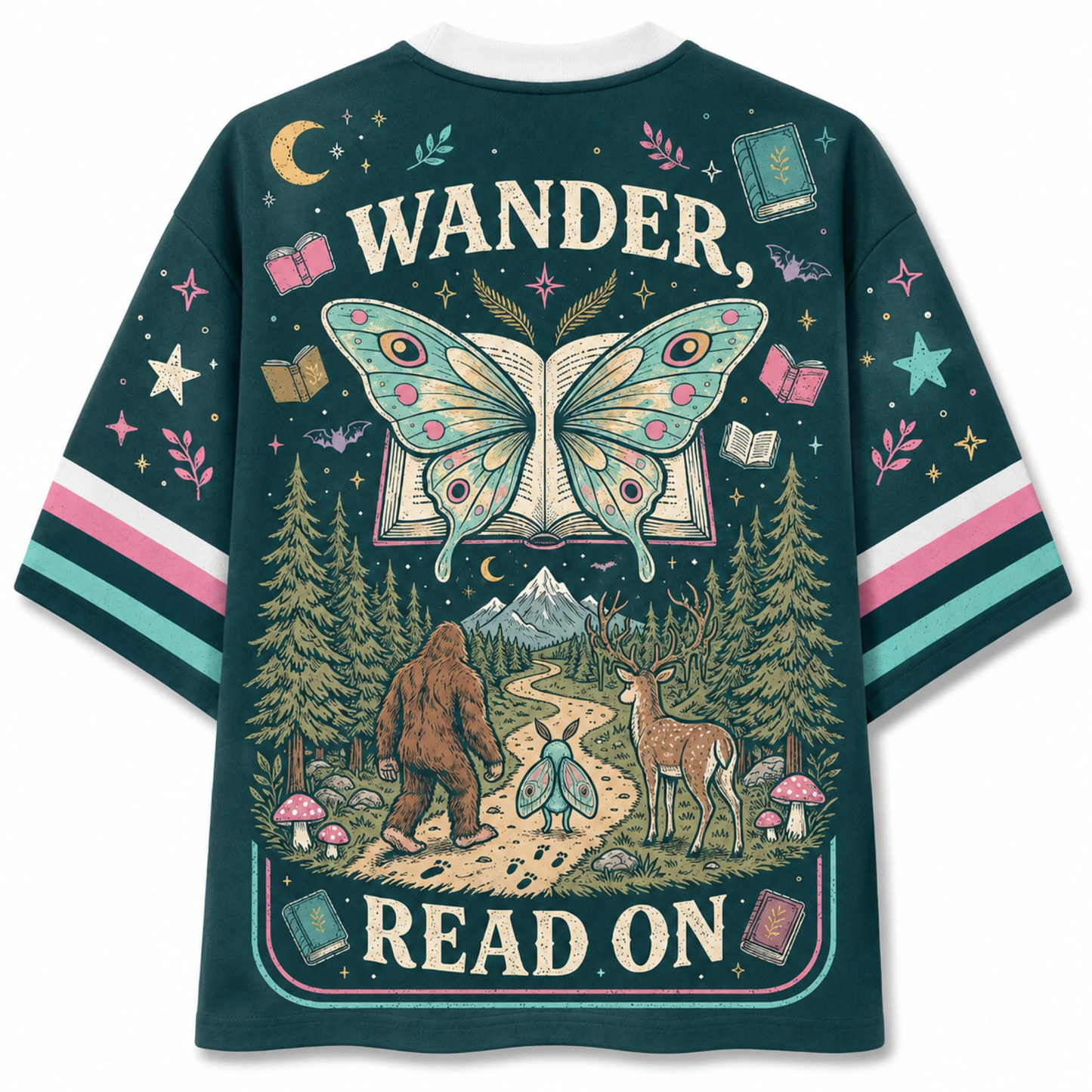 A dark teal graphic t-shirt shown from the back, featuring a whimsical illustration of a butterfly over an open book, a Bigfoot and deer in a forest, and the text 'WANDER, READ ON'. The sleeves have pink, white, and teal stripes.