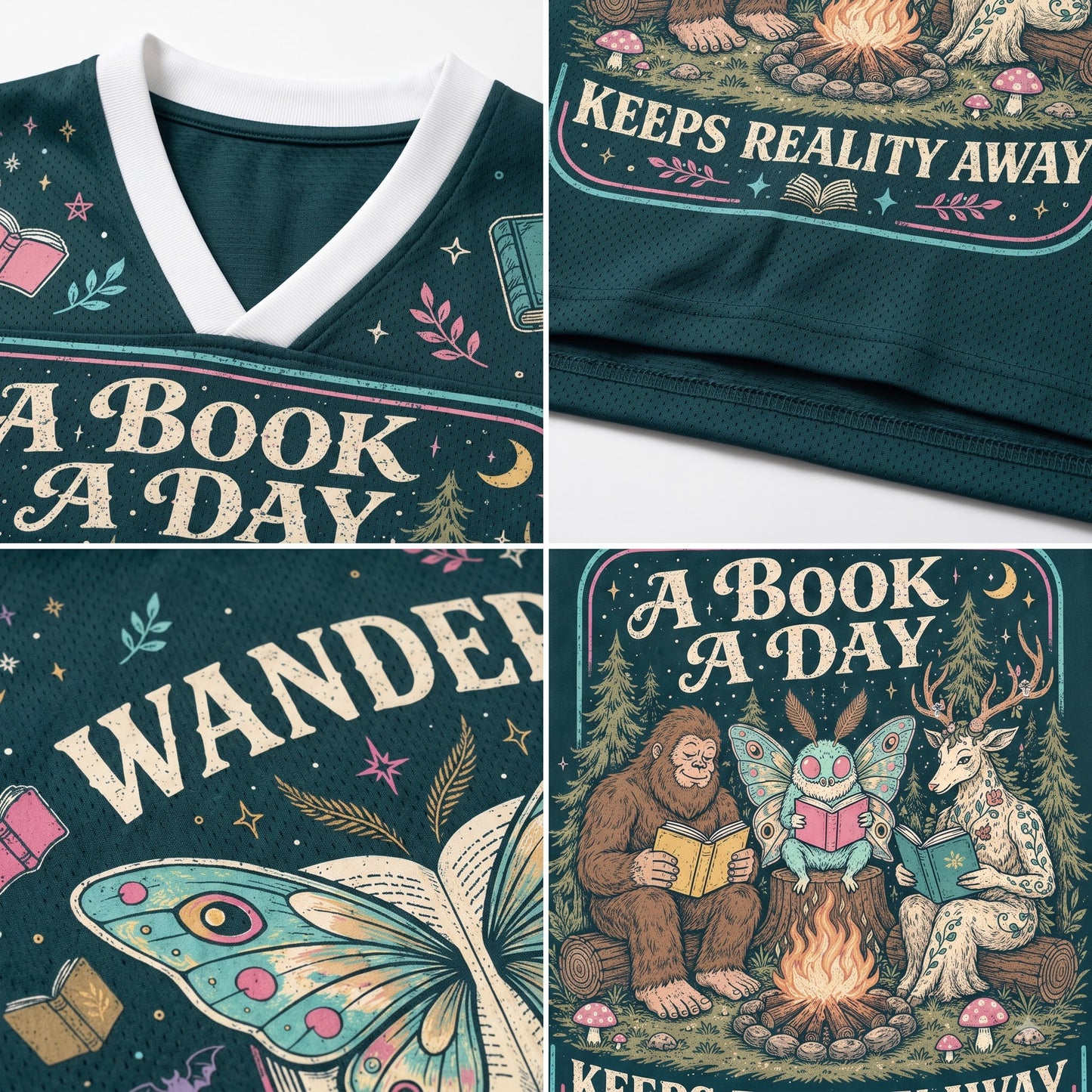 A dark teal graphic V-neck t-shirt shown in a four-panel collage, featuring the text 'A BOOK A DAY' and whimsical illustrations of a campfire, a butterfly, a big-footed creature, and a deer reading in a forest.